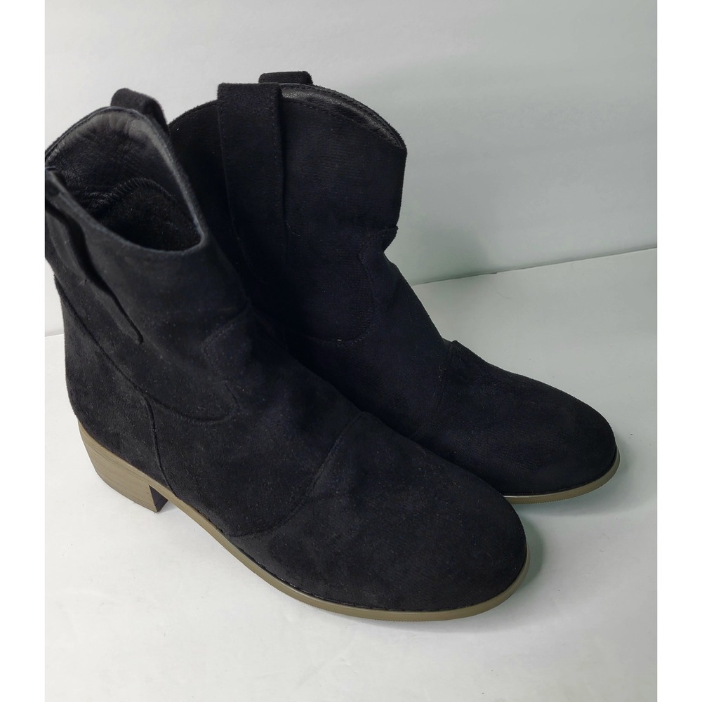 Black Faux Suede Ankle Boots Low‎ Block Heel Pull On Booties Size 38. US 7.5